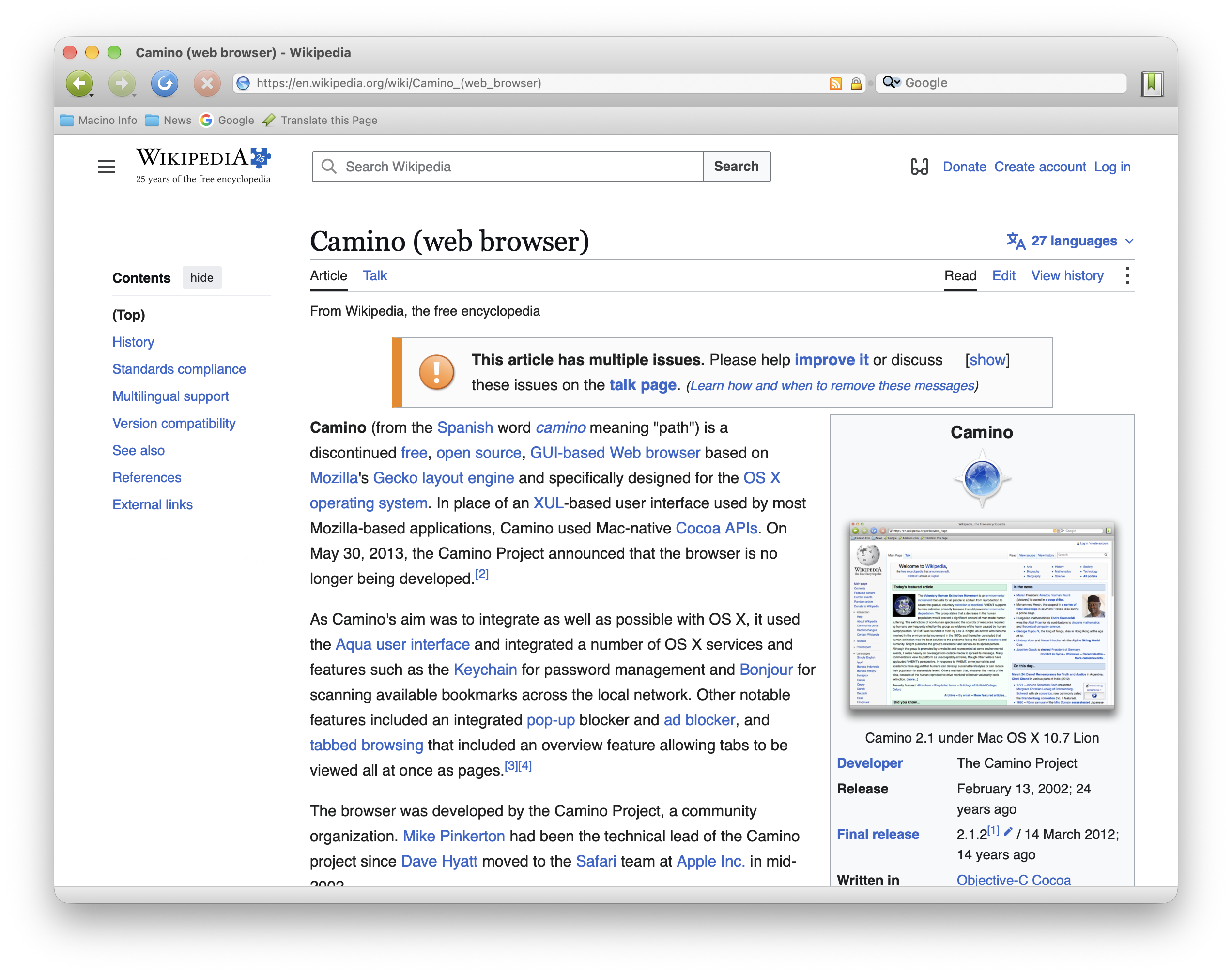 Macino displaying Wikipedia’s Camino article, with its classic Mac toolbar and bookmarks bar.